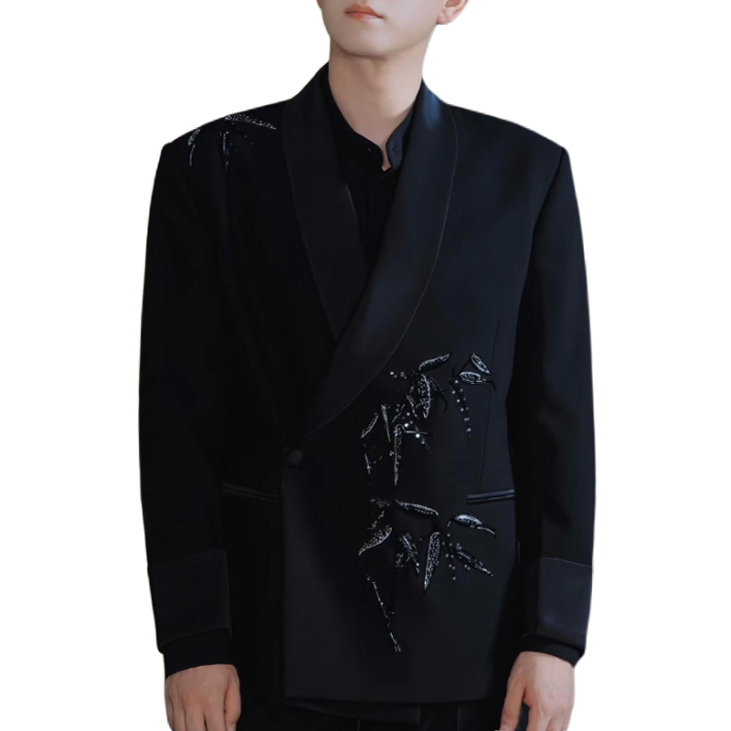 rokkihu新中式黑色竹叶刺绣西服
