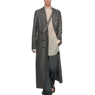 灰色长款 走秀款 西装 带时尚 休闲通勤外套 大衣男重工刺绣袖 ROKKIHU