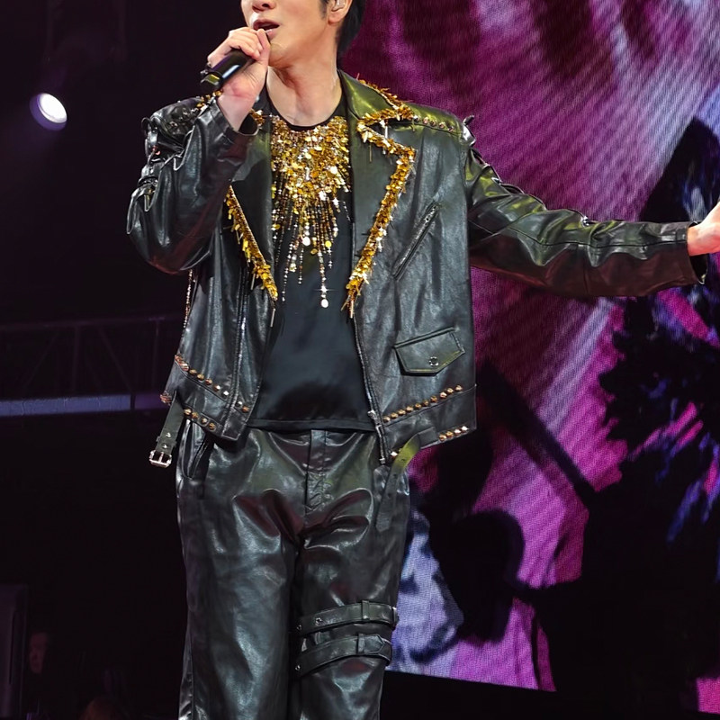 ROKKIHU 王力宏演唱会同款黑金流苏装饰皮衣黑色真皮机车夹克男