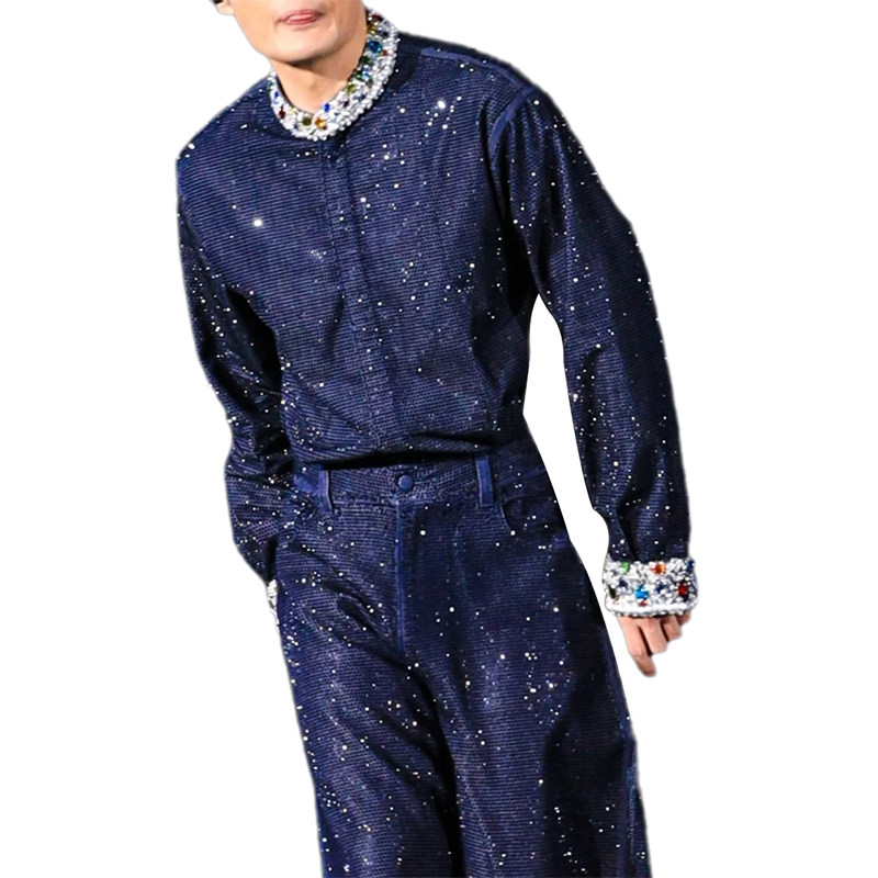ROKKIHU 明星同款法式高级感彩色宝石装饰重工手工烫钻长袖衬衫