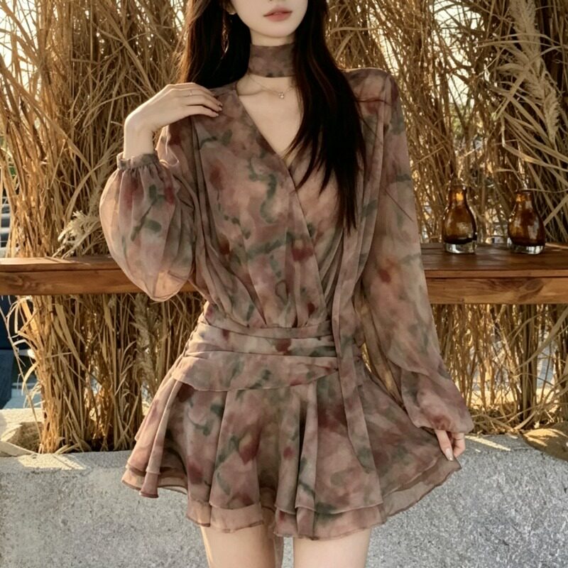 大码女装胖mm复古晕染碎花雪纺连衣裙