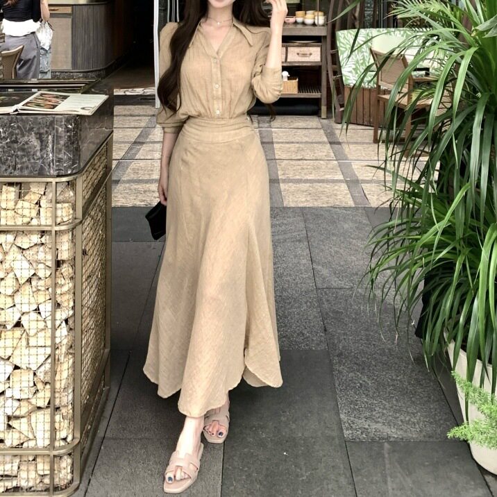 卡其色复古气质v领长袖衬衫女夏季休闲套装高腰a字裙半身裙两件套