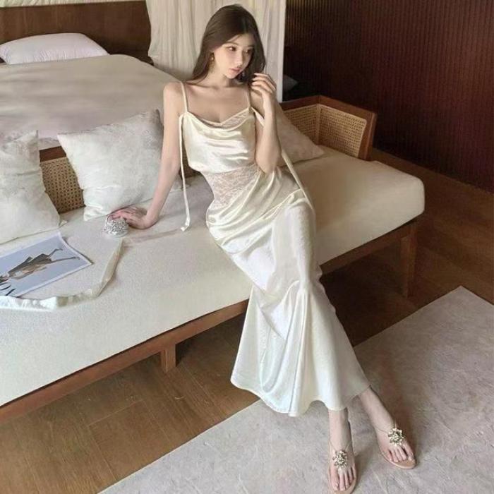 网纱拼接露背挂脖连衣裙女夏季缎连衣裙