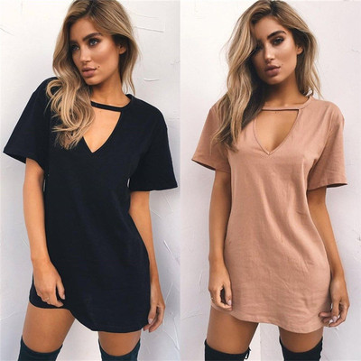 women sexy tops long T-shirt short sleeve dress платье