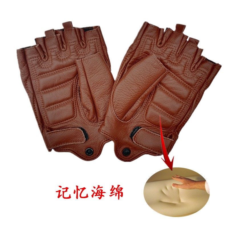 哈雷摩托车牛皮夏季半指减震骑士棕色防摔复古防水真皮骑行女手套