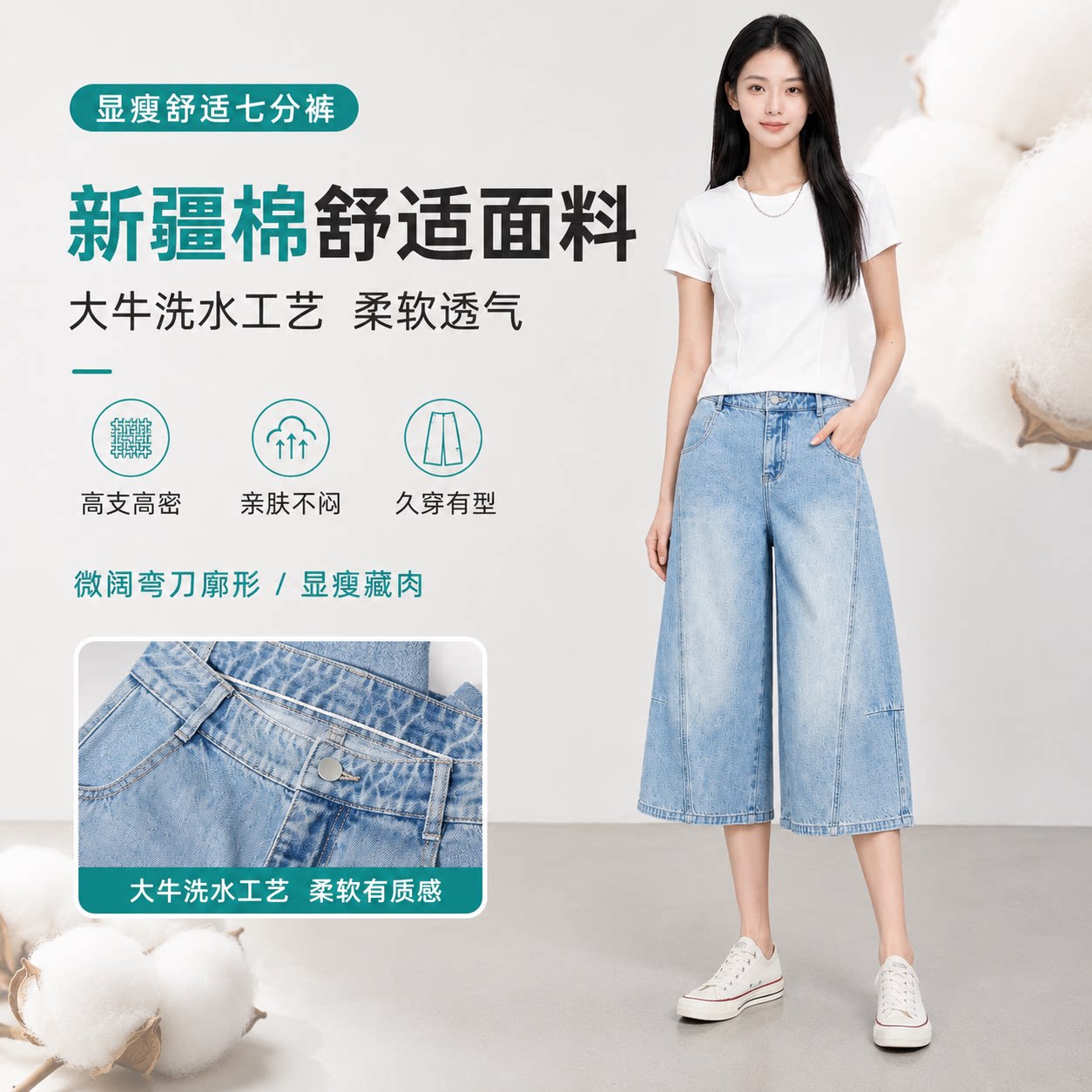 100%棉七分阔腿显瘦小个子牛仔裤