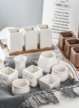 多肉花盆多肉白色陶瓷盆绿植物简约带木托迷你小花盆清仓包邮