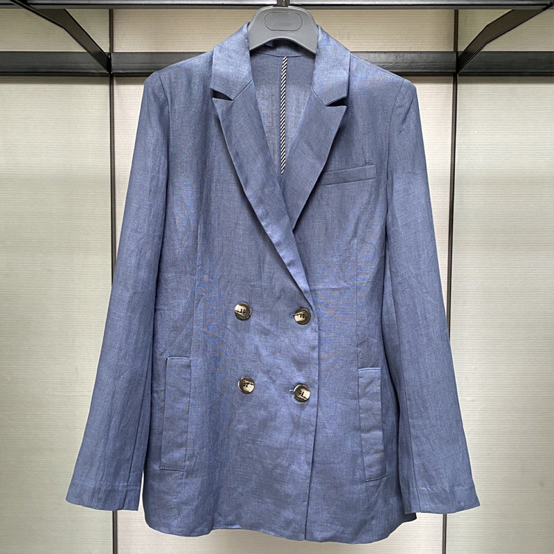 阿玛施旗舰店官网2020秋新款女装专柜正品双排扣休闲亚麻西装外套