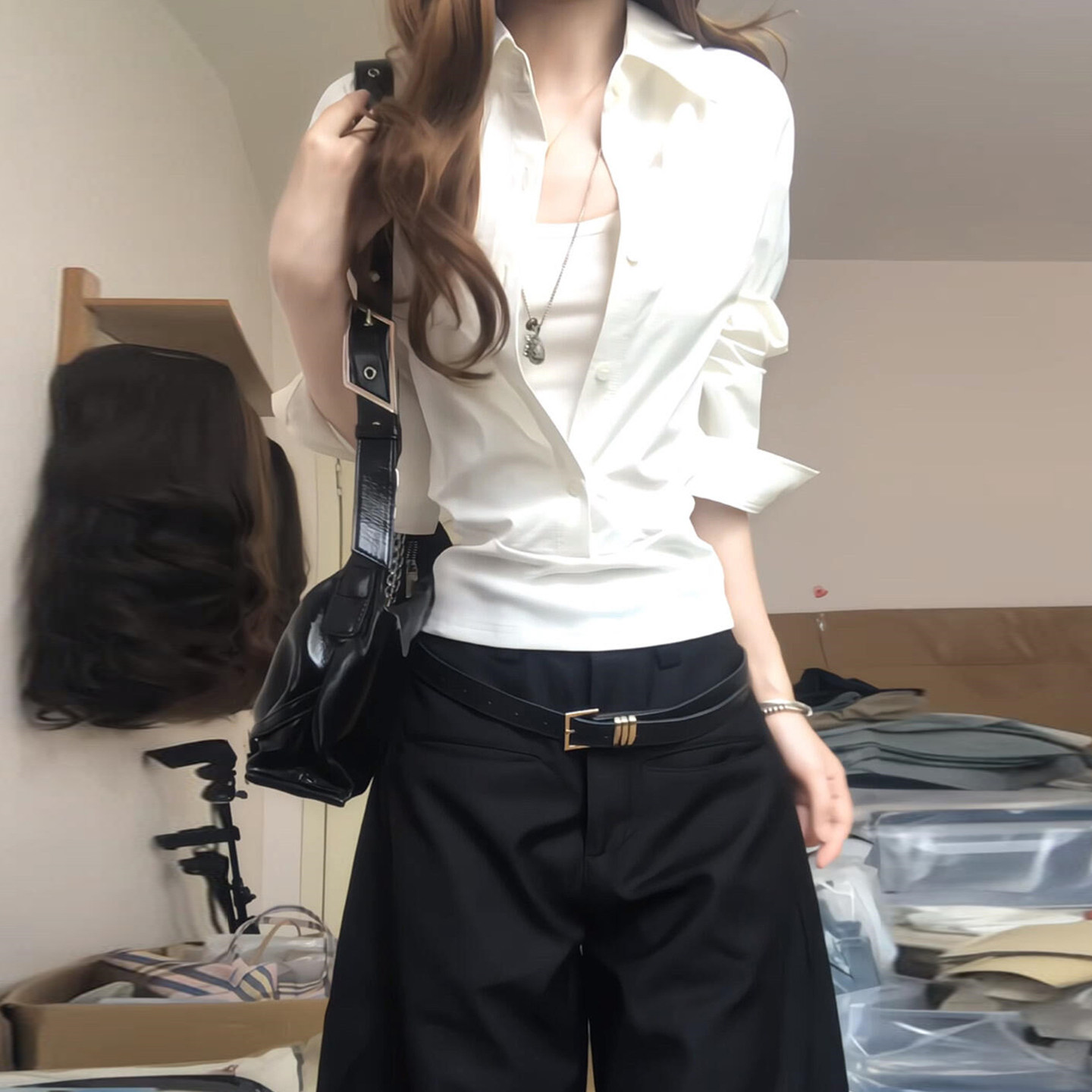 韩系白色假两件防晒衬衫女夏季设计感小个子收腰显瘦衬衣外套上衣