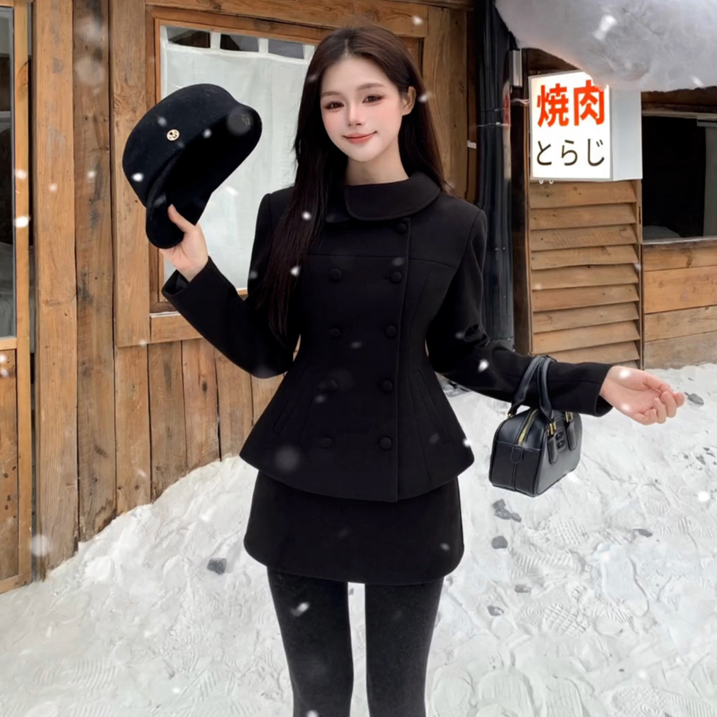 日系甜美黑色A字连衣裙女春季2026新款翻领长袖收腰气质套装裙