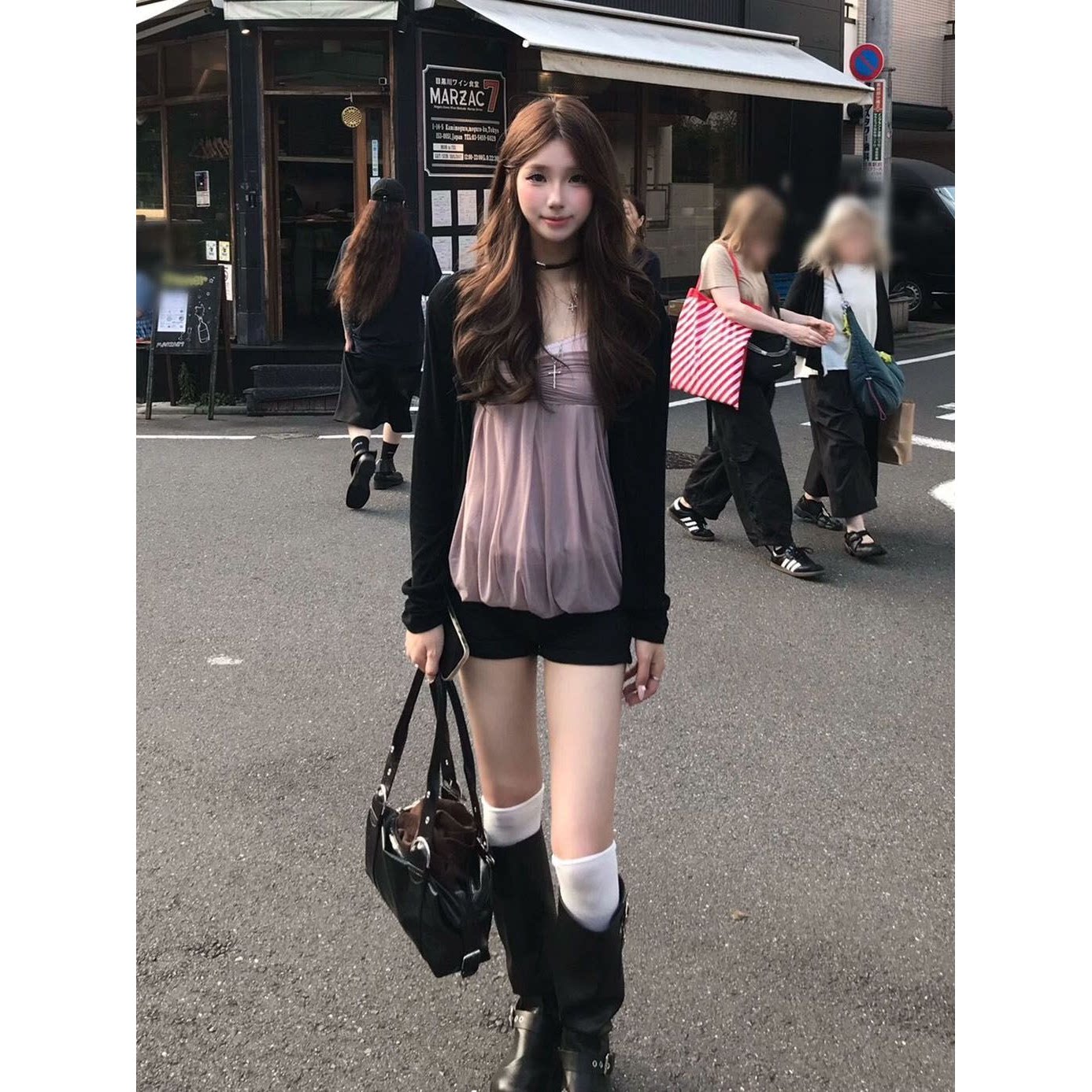 海芋珊瑚韩系黑色开衫+吊带上衣+修身短裤三件套小众复古减龄百搭