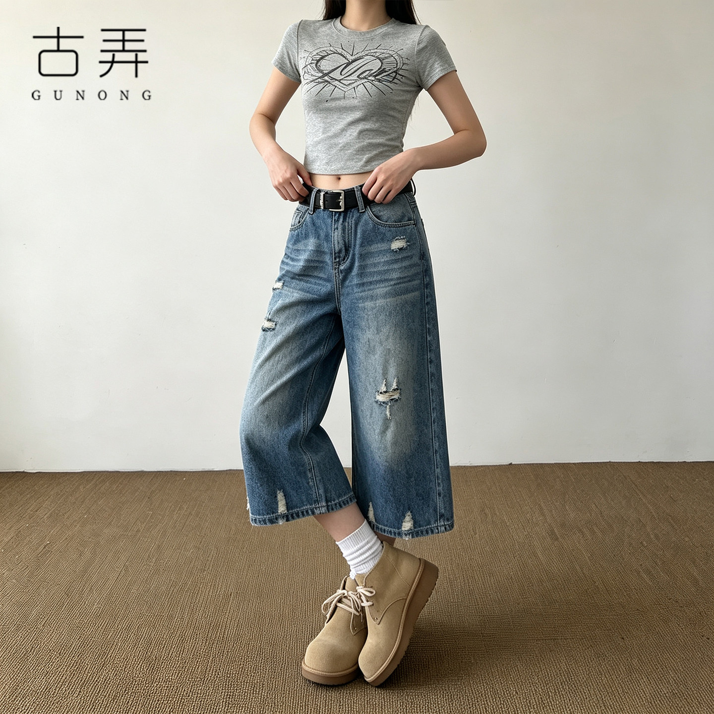 深蓝破洞七分牛仔裤女2026休闲百搭阔腿裤子胖mm显瘦粗腿直筒裤