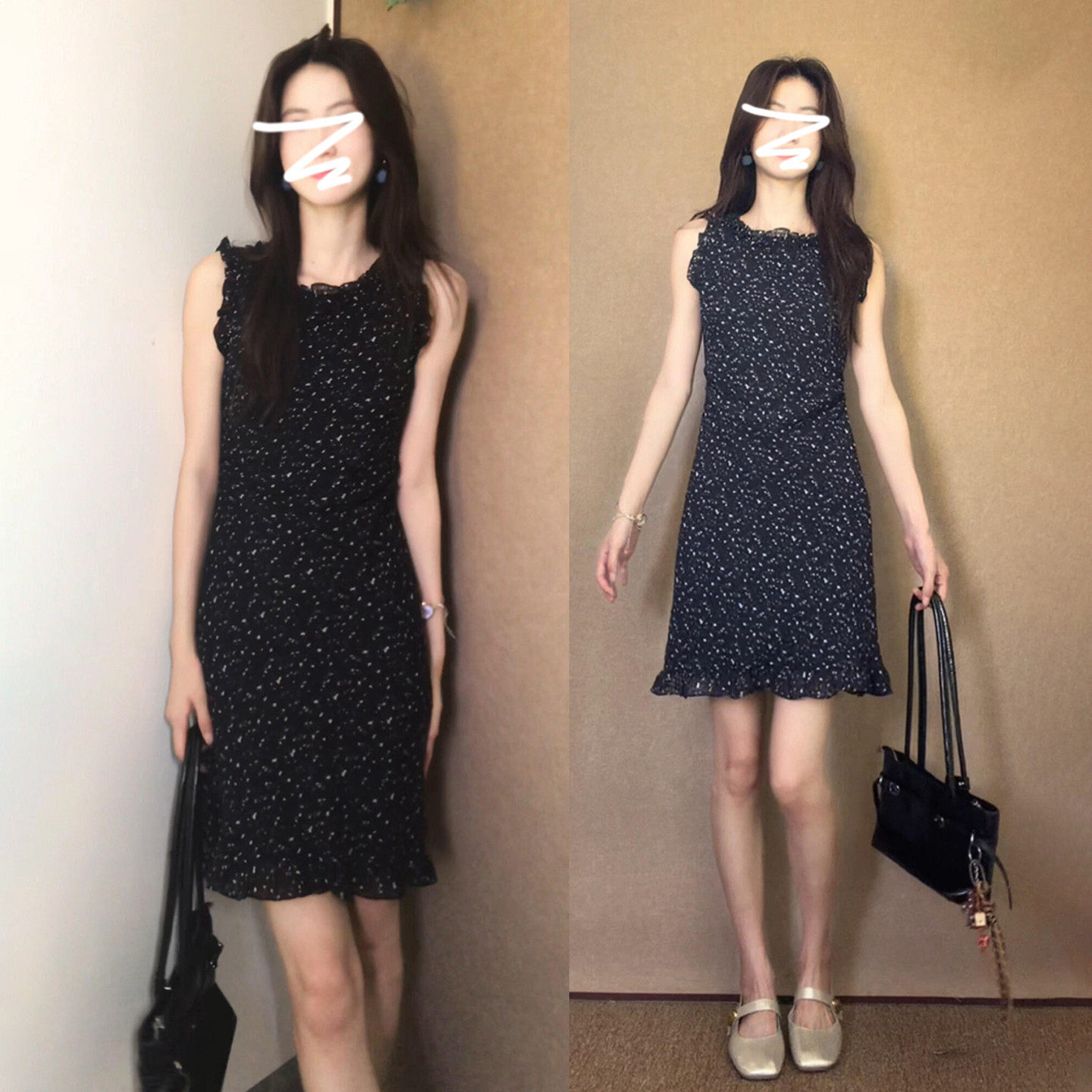 法式黑色碎花无袖连衣裙子女夏2026新款设计感背心木耳边气质短裙