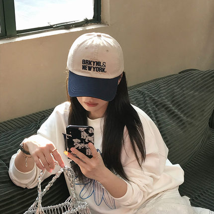 韩国博主字母棒球帽女新款复古百搭拼接撞色鸭舌帽男大头围显脸小