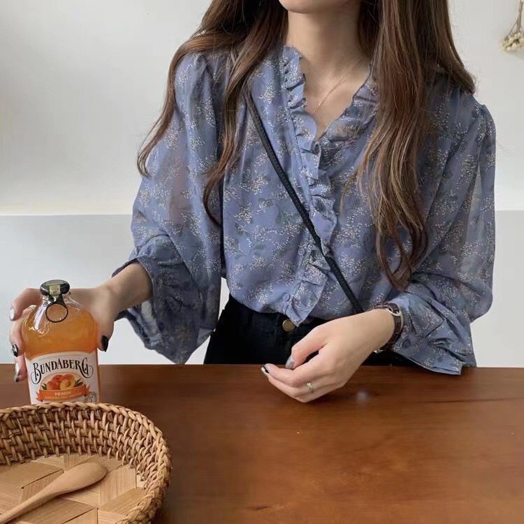 2026春秋新款韩版宽松显瘦雪纺碎花长袖衬衫女薄款洋气防晒上衣服