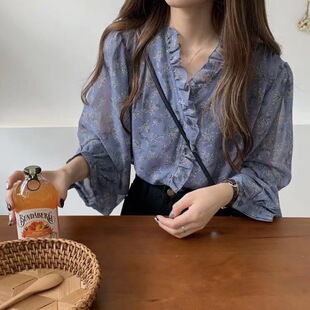 2026春秋新款韩版宽松显瘦雪纺碎花长袖衬衫女薄款洋气防晒上衣服