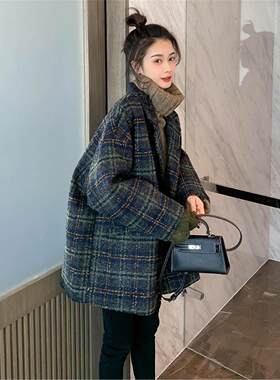 秋冬季新款冬新韩版格子加厚中长毛呢外套女小个子粗花呢子大衣
