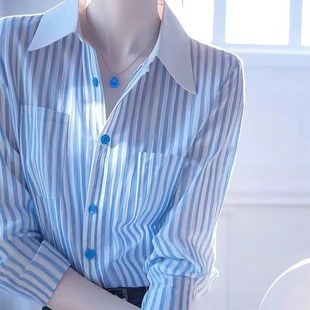 小众韩版 蓝白条纹Polo领衬衫 女装 女2025秋季 轻奢高级感上衣 新款