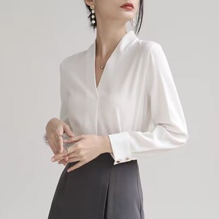 无领白衬衫女抗皱工作服上衣2026春秋高级感雪纺v领职业长袖衬衣