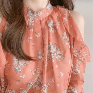春夏季新款小碎花衬衫女设计感小众遮肚漏肩超仙女雪纺衫洋气甜美