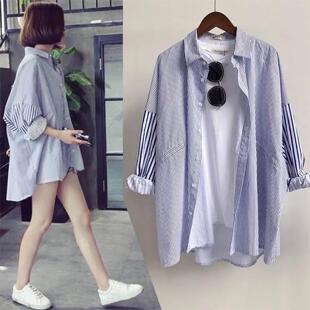 春夏季新款韩版长袖2026韩范条纹宽松bf防晒外套衬衫女中长衣百搭