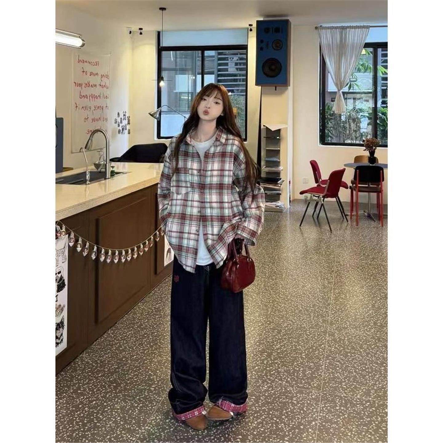 2026春秋新款美式复古红色格子衬衫外套女春新法式别致防晒衬衣上,女装/女士精品,衬衫,淘宝优惠券,粉丝福利购,淘宝优惠卷