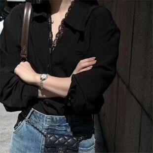 2026春秋新款蕾丝拼接V领假两件衬衫春款年小众独特别致上衣