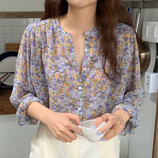 韩版ins长袖碎花雪纺衬衫女2026新款春秋韩版宽松休闲单排扣上衣