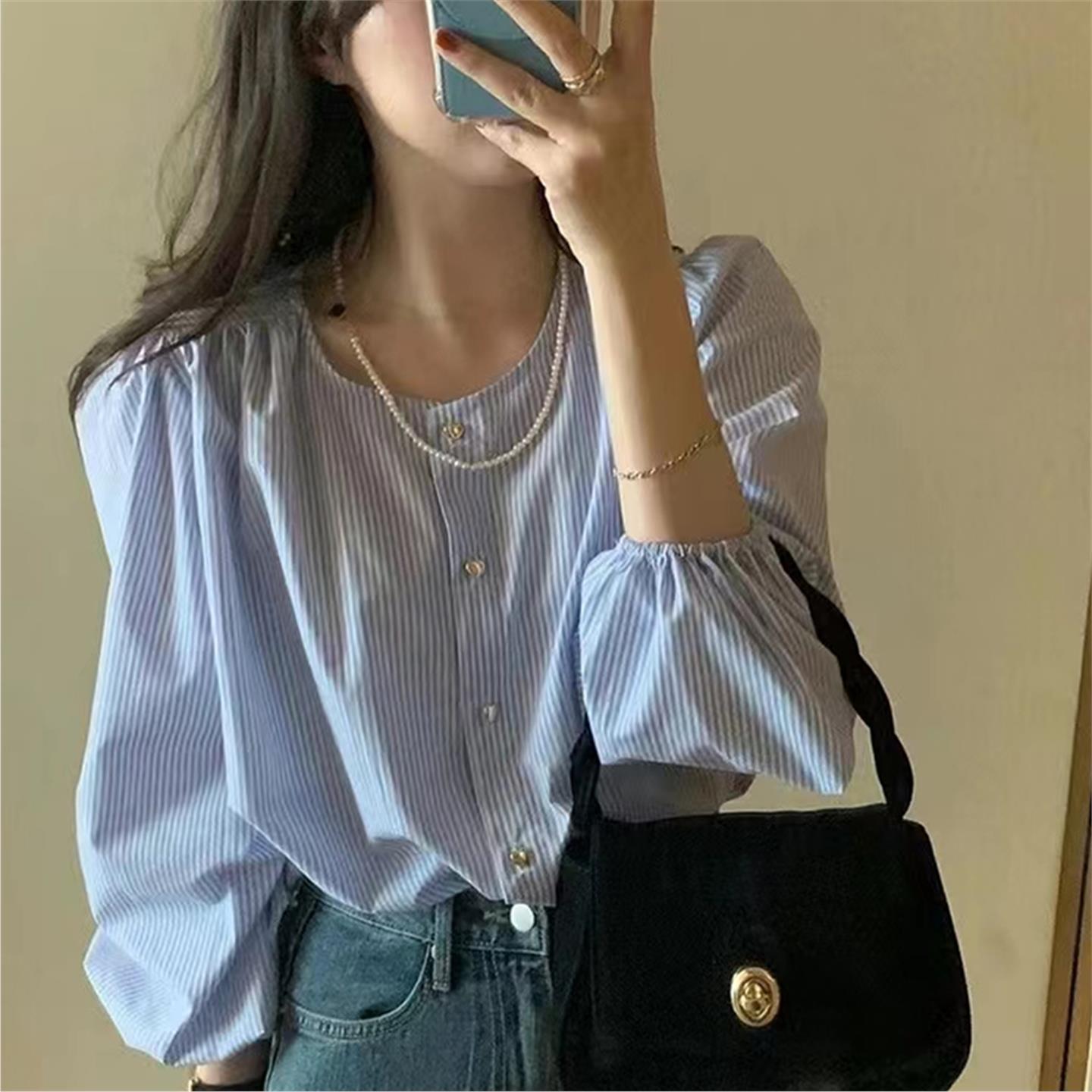 春夏季新款2025年韩国东大门新设计感小众爱心纽扣圆领长袖衬衫女