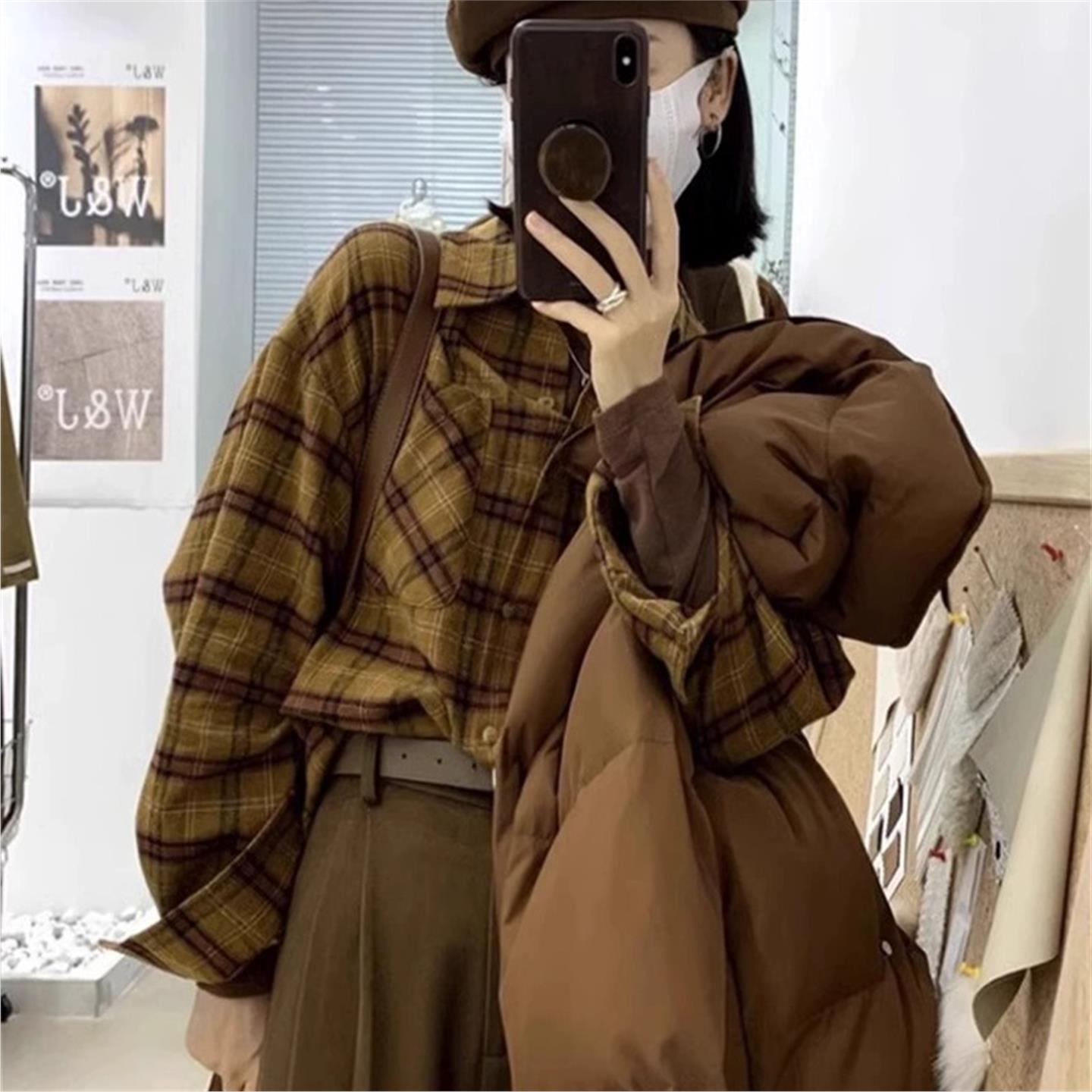 春夏季新款复古港风咖色格子衬衫加厚女小众上衣宽松叠穿内搭衬衣