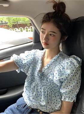 春夏季雪纺波点荷叶边v领上衣女款小个子女甜美泡泡袖短袖夏季薄