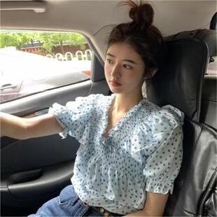 春夏季雪纺波点荷叶边v领上衣女款小个子女甜美泡泡袖短袖夏季薄