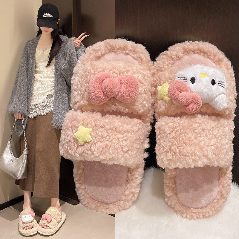 ins可爱喵咪蝴蝶结毛绒拖鞋女秋冬露趾居家拖保暖防滑卡通毛毛拖