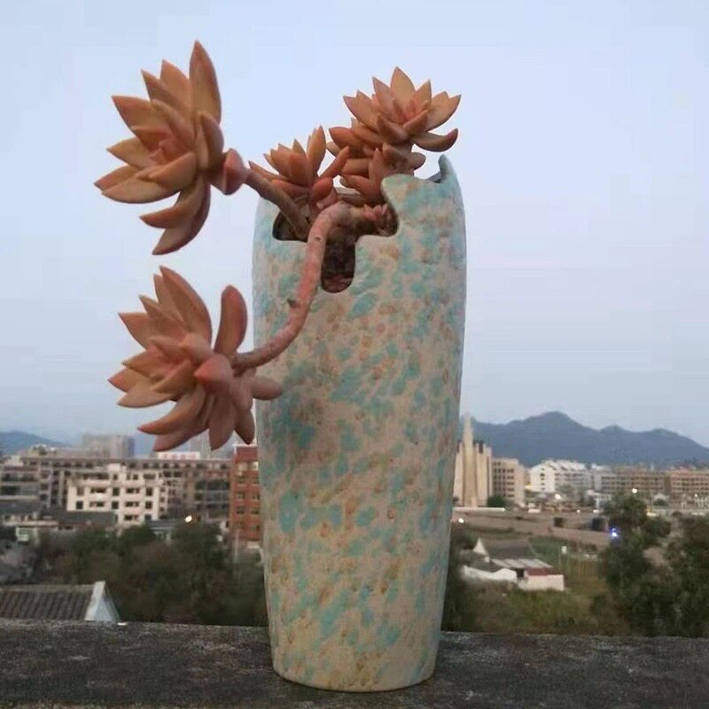 素烧黑法师悬崖桩多肉高老桩有孔细高盆陶瓷花瓶简约缺口包邮特价