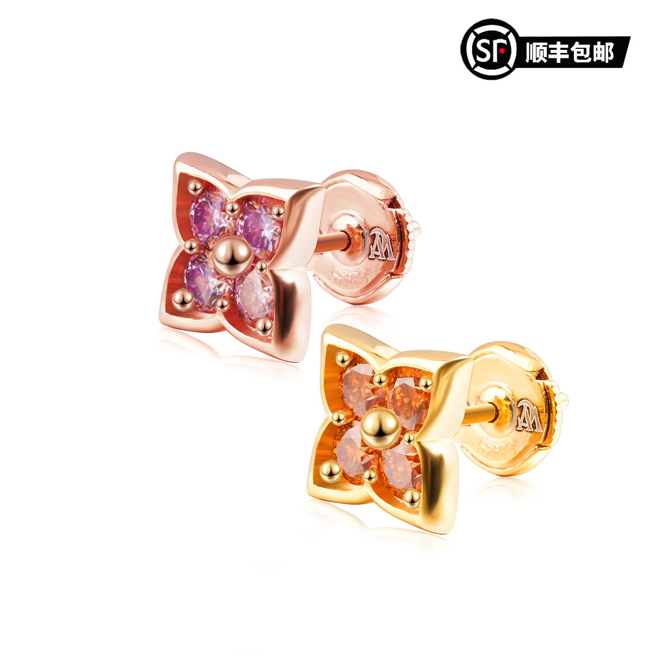 WIC  S925银十字老花彩色莫桑钻客户定制款飞碟耳堵耳钉