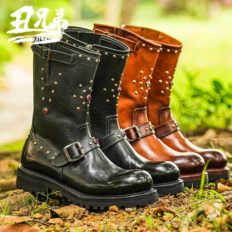 UGLYBROS复古摩托车骑士高筒铆钉皮鞋高帮靴子工装靴机车靴哈雷风