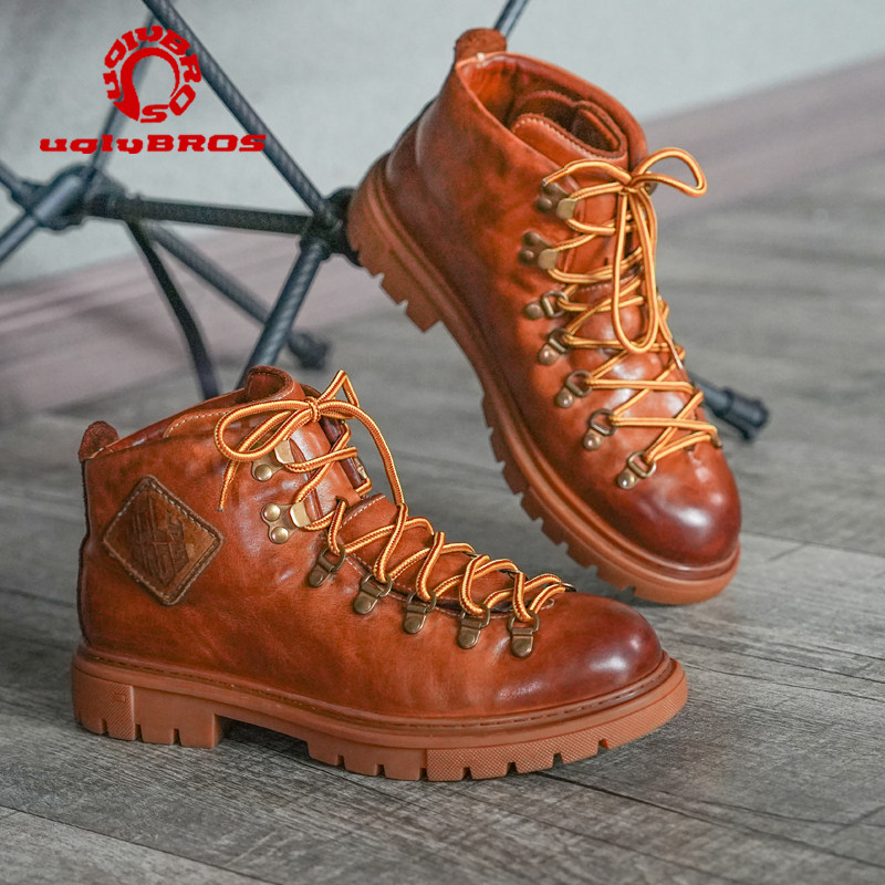 UGLYBROS丑兄弟适用于哈雷印第安复古磨砂牛皮机车骑行鞋低帮短筒