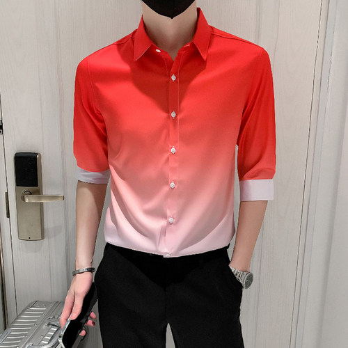 男士个性潮牌发型师男装渐变短袖衬衫夏季社会人网红七分袖衬衣潮