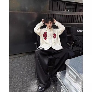 米白色玫瑰花衬衫男款春夏高级感痞帅长袖衬衣发型师潮牌男装外套