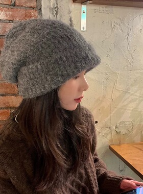 猫女的心事大头围针织帽子女秋冬纯色百搭毛线帽显脸小堆堆帽冷帽