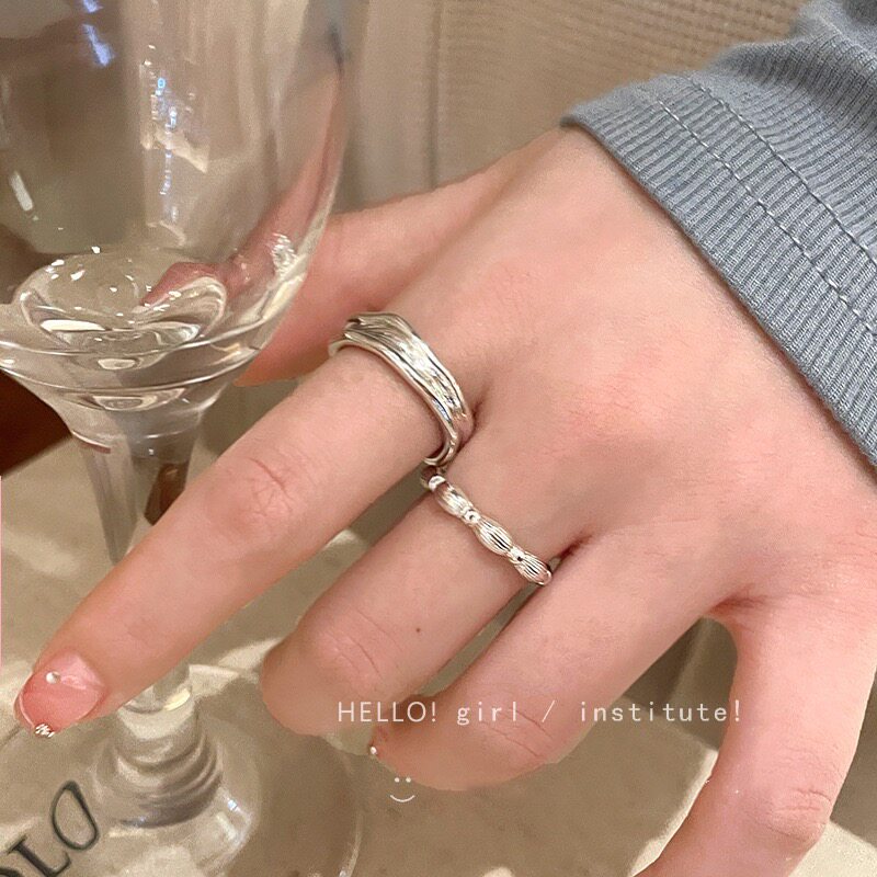 猫女的心事简约几何褶皱戒指女弹力松紧珍珠碎银指环百搭食指戒