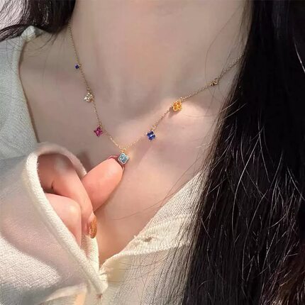 猫女的心事幸运四叶花项链女法式优雅彩色宝石轻奢锁骨链