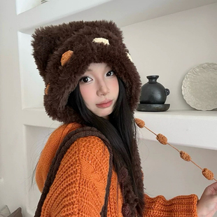 2025新款可爱小熊耳朵毛绒帽子女冬季保暖护耳雷锋帽显脸小包头帽