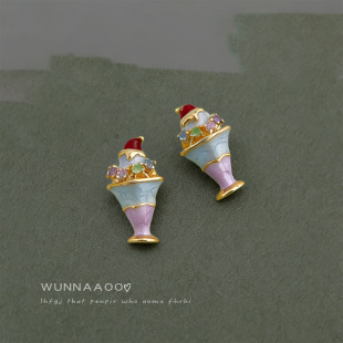 明天见ohh原创可爱童趣夏日冰激凌清新甜美微镶锆石银针耳钉新款