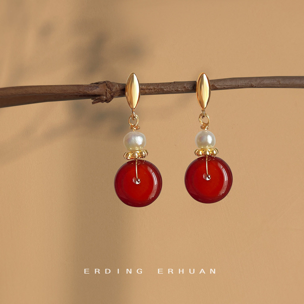 明天见ohh淡水珍珠天然石红玛瑙平安扣圆形几何文艺复古国潮新款