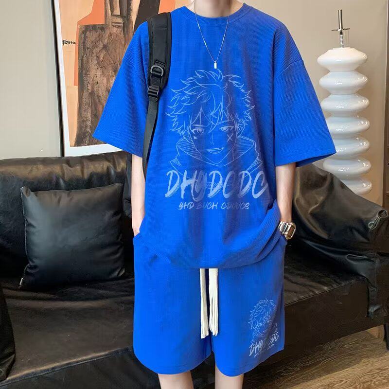 港风华夫格冰丝运动短袖套装男夏季凉感搭配帅气青少年潮牌两件套