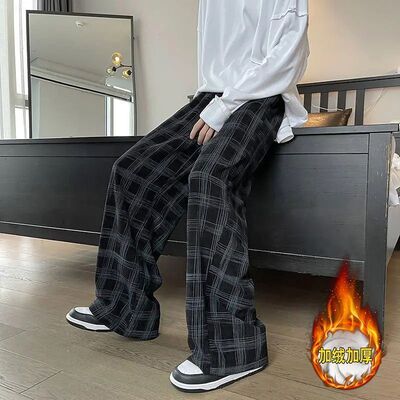 清仓捡漏加绒休闲宽松直筒运动裤男秋冬季美式复古保暖阔腿长裤子