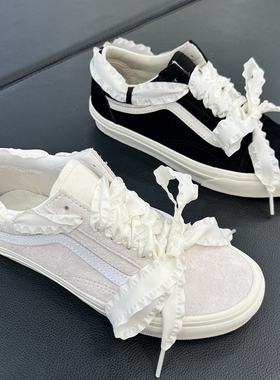 VANS OLD SKOOL黑色白色低帮丝绸带麂皮女鞋休闲板鞋VN000D6WCJ7