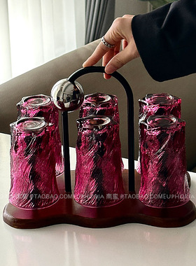 复古高级感玫红色玄冰纹玻璃杯套装咖啡杯果汁杯客厅待客茶杯水杯