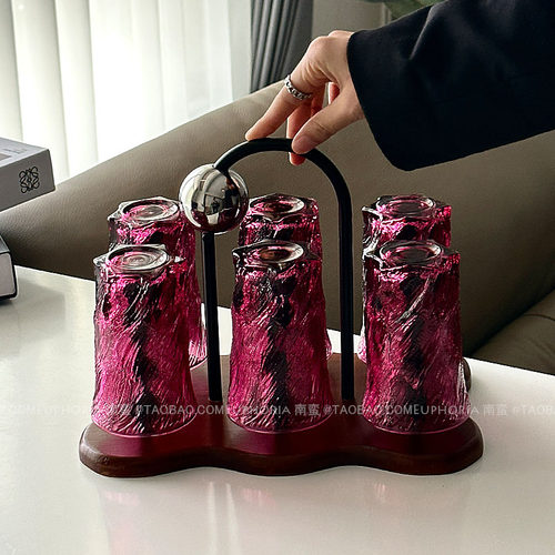 复古高级感玫红色玄冰纹玻璃杯